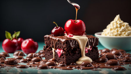 Close-up of a delicious brownie with ice cream and a cherry, drizzled with liquid chocolate. Studio lighting and a square aspect ratio product photo.の素材