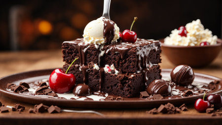 Close-up of a delicious brownie with ice cream and a cherry, drizzled with liquid chocolate. Studio lighting and a square aspect ratio product photo.の素材