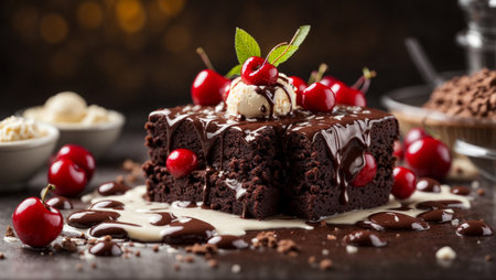 Close-up of a delicious brownie with ice cream and a cherry, drizzled with liquid chocolate. Studio lighting and a square aspect ratio product photo.の素材