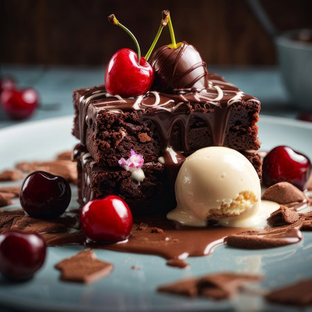 Close-up of a delicious brownie with ice cream and a cherry, drizzled with liquid chocolate. Studio lighting and a square aspect ratio product photo.の素材