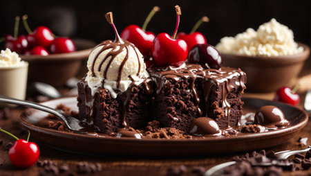 Close-up of a delicious brownie with ice cream and a cherry, drizzled with liquid chocolate. Studio lighting and a square aspect ratio product photo.の素材