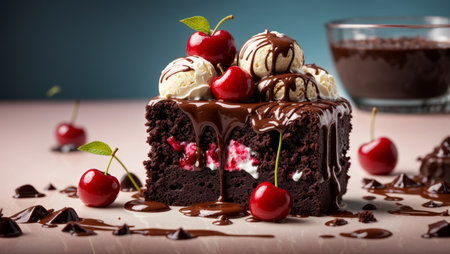 Close-up of a delicious brownie with ice cream and a cherry, drizzled with liquid chocolate. Studio lighting and a square aspect ratio product photo.の素材
