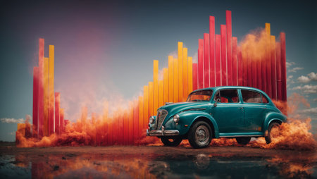 Illustration on inflation and rising fuel prices. Image featuring a car with a background chart showing an upward trend. Vibrant and colorful image.の素材