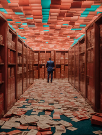 Person's back hunched in a cluttered archive room with many sheets and notebooks scattered on the floor in disarray.の素材