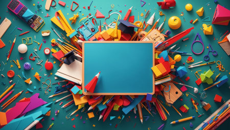 Illustration of numerous components and colorful shapes filling the image and taking form, representing the educational sector as a school.の素材
