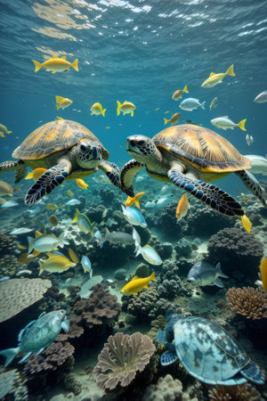 Sea turtles in the crystal-clear turquoise water alongside other fish.の素材