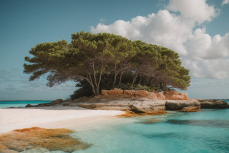 Illustration of paradise landscapes with turquoise sea, white sand. Tranquil Mediterranean beaches on a sunny day.の素材