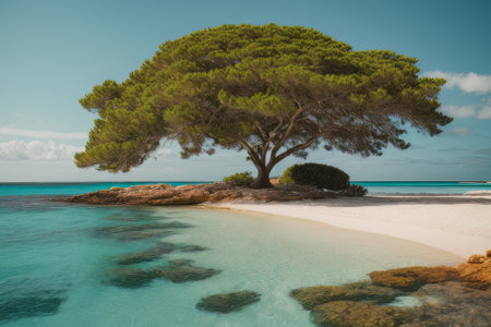 Illustration of paradise landscapes with turquoise sea, white sand. Tranquil Mediterranean beaches on a sunny day.の素材