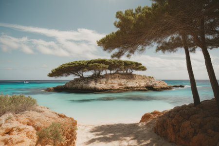 Illustration of paradise landscapes with turquoise sea, white sand. Tranquil Mediterranean beaches on a sunny day.の素材