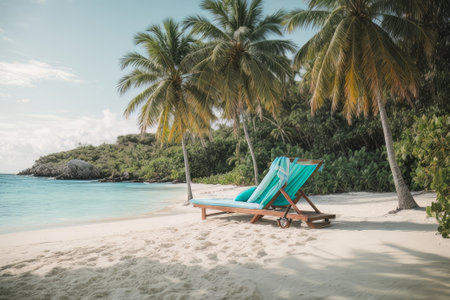 Illustration of paradise landscapes with turquoise sea, white sand, and palm trees. Tropical beaches.の素材