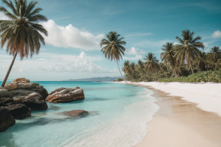 Illustration of paradise landscapes with turquoise sea, white sand, and palm trees. Tropical beaches.の素材