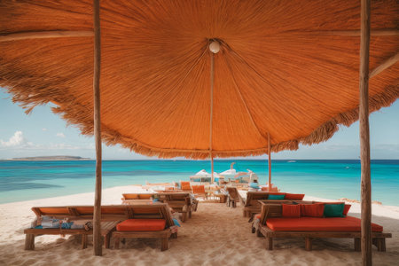 Illustration of paradise landscapes with turquoise sea, white sand. Tranquil Mediterranean beaches on a sunny day.の素材