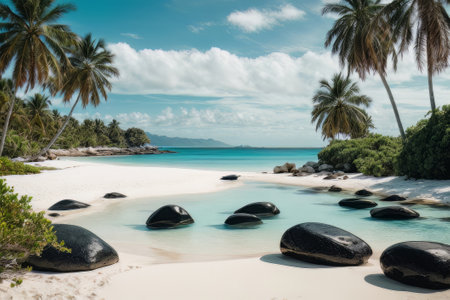 Illustration of paradise landscapes with turquoise sea, white sand, and palm trees. Tropical beaches.の素材