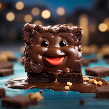 Close-up of a CGI-style illustration of a happy brownie with a face. It has a joyful style, it is loaded with chocolate, and the image format is square.の素材