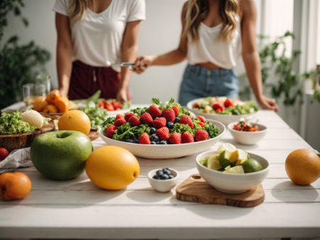 Seemingly healthy individuals in front of a white table with healthy food. A clear, clean image representing a healthy and balanced diet with a healthy lifestyle.の素材