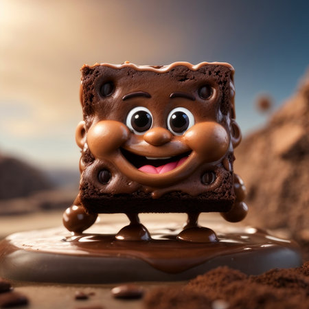 Close-up of a CGI-style illustration of a happy brownie with a face. It has a joyful style, it is loaded with chocolate, and the image format is square.の素材