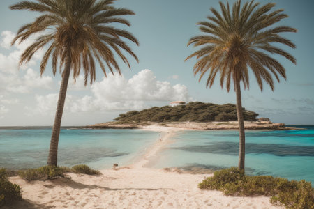 Illustration of paradise landscapes with turquoise sea, white sand. Tranquil Mediterranean beaches on a sunny day.の素材