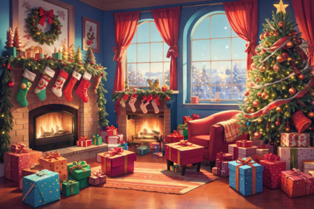 Colorful illustration of the interior of a Christmas home with gifts, Christmas decorations. A place where the Christmas atmosphere is in the air.の素材