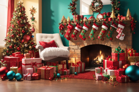 Colorful illustration of the interior of a Christmas home with gifts, Christmas decorations. A place where the Christmas atmosphere is in the air.の素材