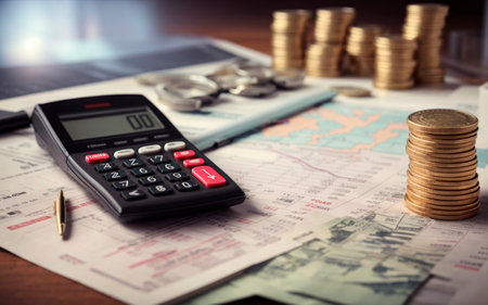 Image of financial planning and budgeting with calculator, coins, pen and documents on a wooden desk.の素材