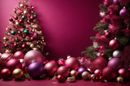 A festive Christmas tree and decorations in pink and red tones, perfect for holiday backgrounds and designs.の素材