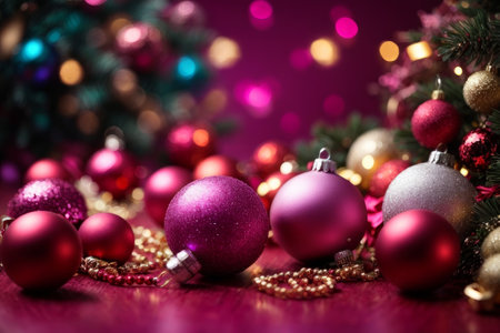 A festive Christmas tree and decorations in pink and red tones, perfect for holiday backgrounds and designs.の素材