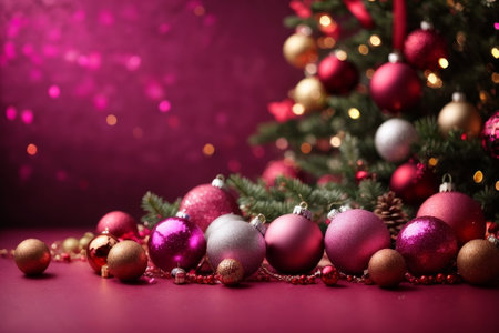 A festive Christmas tree and decorations in pink and red tones, perfect for holiday backgrounds and designs.の素材