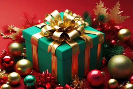 A festive environment with Christmas gifts and decorations on a flat red background. Perfect for holiday marketing and advertising. Green and red gifts are usually predominant.の素材