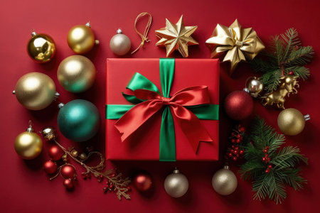 A festive environment with Christmas gifts and decorations on a flat red background. Perfect for holiday marketing and advertising. Green and red gifts are usually predominant.の素材