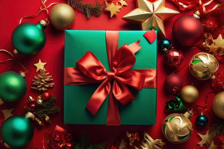 A festive environment with Christmas gifts and decorations on a flat red background. Perfect for holiday marketing and advertising. Green and red gifts are usually predominant.の素材