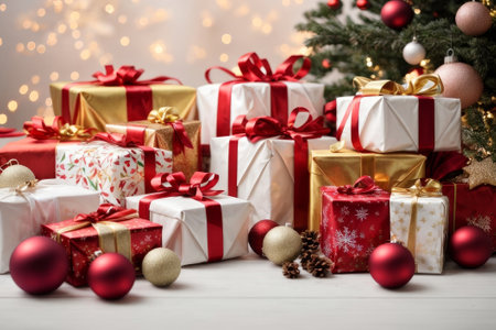 A festive background with Christmas gifts and ornaments on a flat white background. Perfect for holiday marketing and advertising. With copyspace and top view.の素材