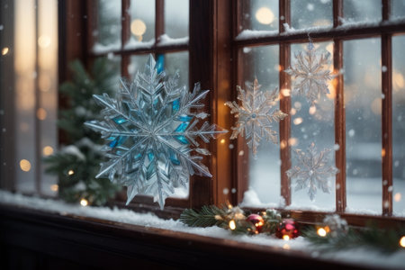A beautiful view of a snowy winter scene from a cozy window, with delicate frost patterns on the glass and snowflake with warm lights in the background.の素材