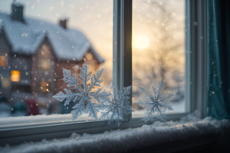 A beautiful view of a snowy winter scene from a cozy window, with delicate frost patterns on the glass and snowflake with warm lights in the background.の素材