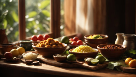 Typical Brazilian food illuminated by a window. Variety of recipes and ingredients placed in wooden and ceramic bowls on a wooden table, with a rustic style.の素材