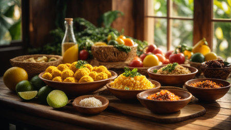 Typical Brazilian food illuminated by a window. Variety of recipes and ingredients placed in wooden and ceramic bowls on a wooden table, with a rustic style.の素材