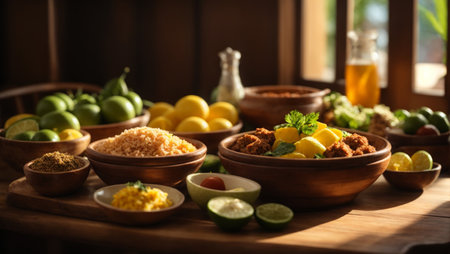 Typical Brazilian food illuminated by a window. Variety of recipes and ingredients placed in wooden and ceramic bowls on a wooden table, with a rustic style.の素材