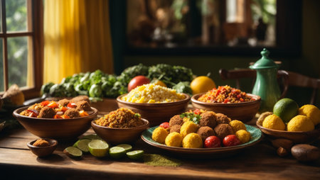 Typical Brazilian food illuminated by a window. Variety of recipes and ingredients placed in wooden and ceramic bowls on a wooden table, with a rustic style.の素材