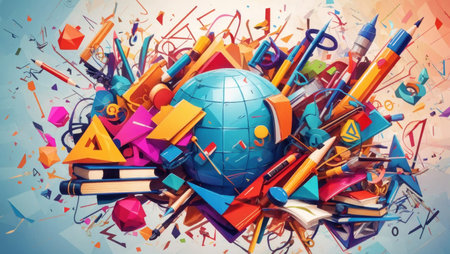 This digital illustration captures an explosion of colorful objects and shapes, symbolizing a burst of creativity and imagination. The vibrant array of objects includes pencils, books, cameras, scissors, keys, and more, each contributing to the whimsical and playful nature of the image. This artwork is perfect for representing themes of creativity, design, and the joy of imagination.の素材