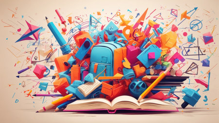 This digital illustration captures an explosion of colorful objects and shapes, symbolizing a burst of creativity and imagination. The vibrant array of objects includes pencils, books, cameras, scissors, keys, and more, each contributing to the whimsical and playful nature of the image. This artwork is perfect for representing themes of creativity, design, and the joy of imagination.の素材