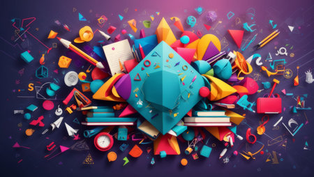 This digital illustration captures an explosion of colorful objects and shapes, symbolizing a burst of creativity and imagination. The vibrant array of objects includes pencils, books, cameras, scissors, keys, and more, each contributing to the whimsical and playful nature of the image. This artwork is perfect for representing themes of creativity, design, and the joy of imagination.の素材