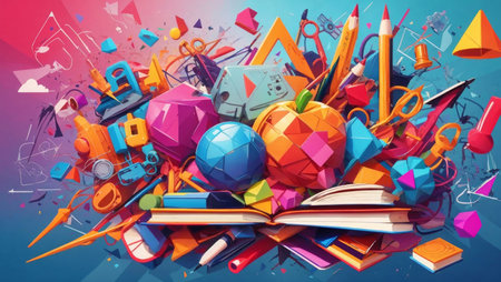 This digital illustration captures an explosion of colorful objects and shapes, symbolizing a burst of creativity and imagination. The vibrant array of objects includes pencils, books, cameras, scissors, keys, and more, each contributing to the whimsical and playful nature of the image. This artwork is perfect for representing themes of creativity, design, and the joy of imagination.の素材