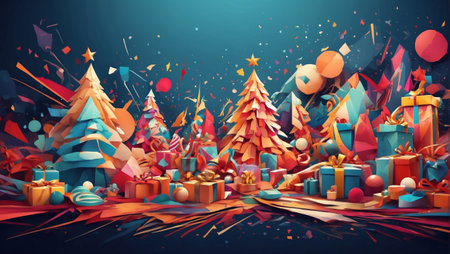 Illustration of colorful and vibrant explosion of Christmas gifts, decorations and confetti. Modern and cheerful image about the Christmas season.の素材
