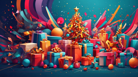 Illustration of colorful and vibrant explosion of Christmas gifts, decorations and confetti. Modern and cheerful image about the Christmas season.の素材