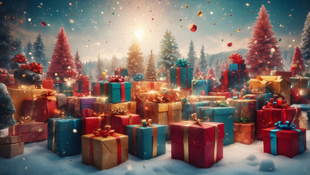 Illustration of colorful and vibrant explosion of Christmas gifts, decorations and confetti. Modern and cheerful image about the Christmas season.の素材