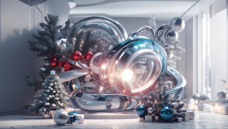 An elegant, futuristic and designer Christmas decoration with silver ornaments, pine branches and bright lights seems to celebrate Christmas in another time or on another planet.の素材