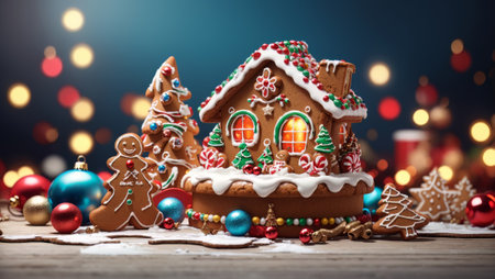 image that captures the essence of the Christmas season with a gingerbread house and beautifully decorated cookies. The gingerbread house, decorated with white icing and colorful candies against a backdrop of twinkling Christmas decorations.の素材
