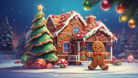 image that captures the essence of the Christmas season with a gingerbread house and beautifully decorated cookies. The gingerbread house, decorated with white icing and colorful candies against a backdrop of twinkling Christmas decorations.の素材