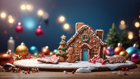 image that captures the essence of the Christmas season with a gingerbread house and beautifully decorated cookies. The gingerbread house, decorated with white icing and colorful candies against a backdrop of twinkling Christmas decorations.の素材