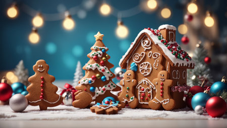 image that captures the essence of the Christmas season with a gingerbread house and beautifully decorated cookies. The gingerbread house, decorated with white icing and colorful candies against a backdrop of twinkling Christmas decorations.の素材
