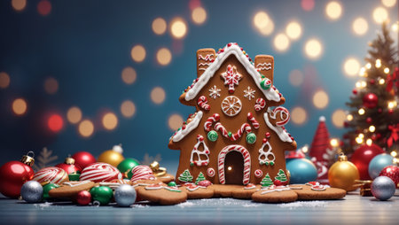 image that captures the essence of the Christmas season with a gingerbread house and beautifully decorated cookies. The gingerbread house, decorated with white icing and colorful candies against a backdrop of twinkling Christmas decorations.の素材